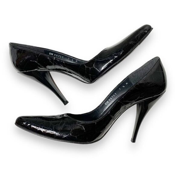 Stuart Weitzman Black Croc Embossed Patent Leather Pointed Toe Pumps Size 7.5 M - Picture 6 of 11
